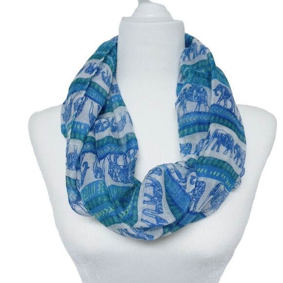 Womens Infinity Scarf Hijab Wrap Blue White Elephant Print Chevron Ikat 35x20 - Picture 1 of 10